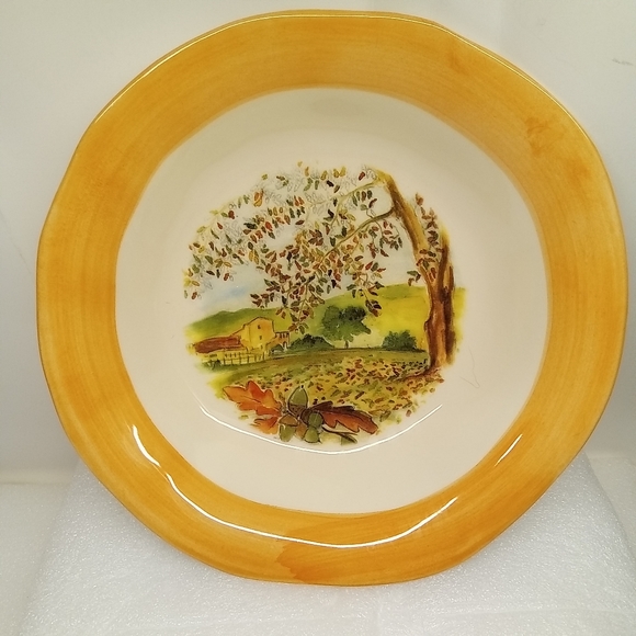 CERAMICHE TADINATE 10" Pasta Soup Salad Bowl Peach Rim Autumn Italy Farm Scene - Picture 9 of 14